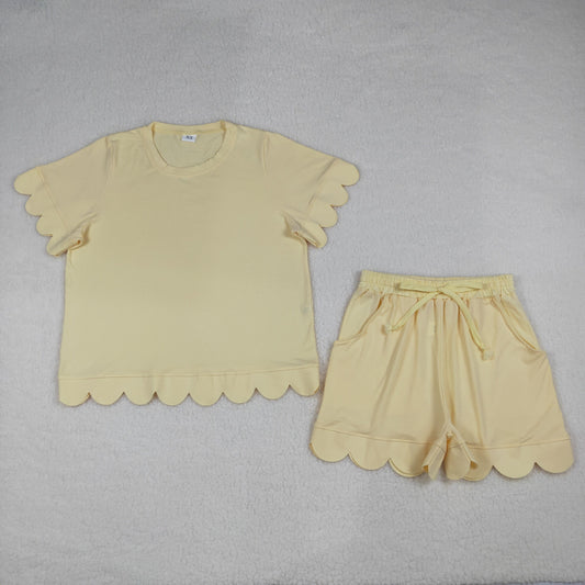 GSSO3203 Adult Female Solid Cotton Yellow Ruffle Short Sleeve Shorts Sets 202603 RTS