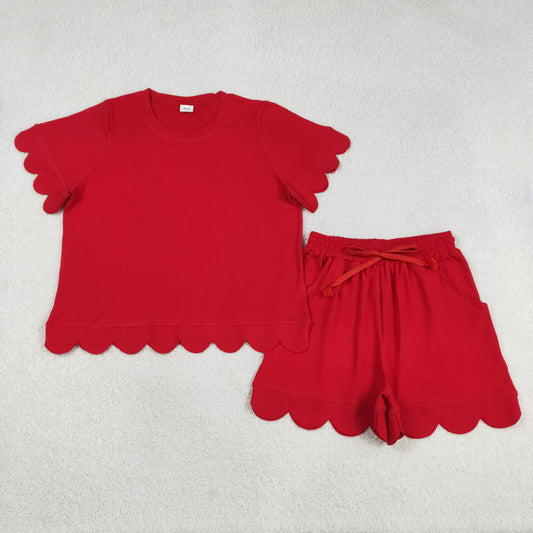 GSSO3205 Adult Female Solid Cotton Red Ruffle Short Sleeve Shorts Sets 202603 RTS