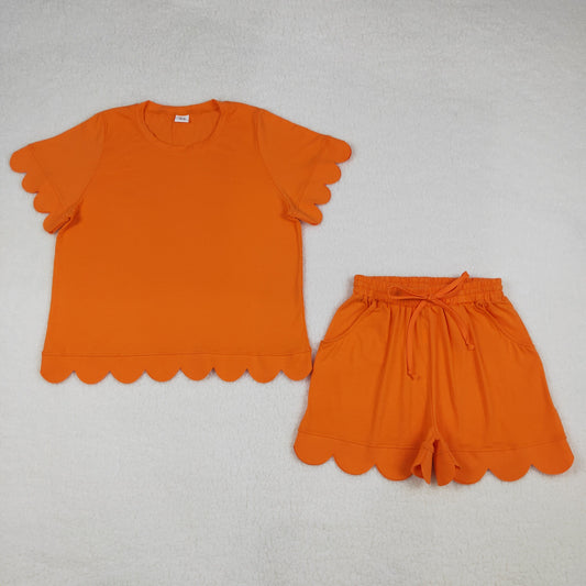 GSSO3206 Adult Female Solid Cotton Orange Ruffle Short Sleeve Shorts Sets 202604 RTS