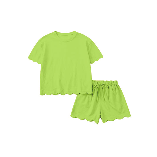 MOQ 5 PCS preorder GSSO3207 Adult Female Solid Cotton Light Green Ruffle Short Sleeve Shorts Sets 202601