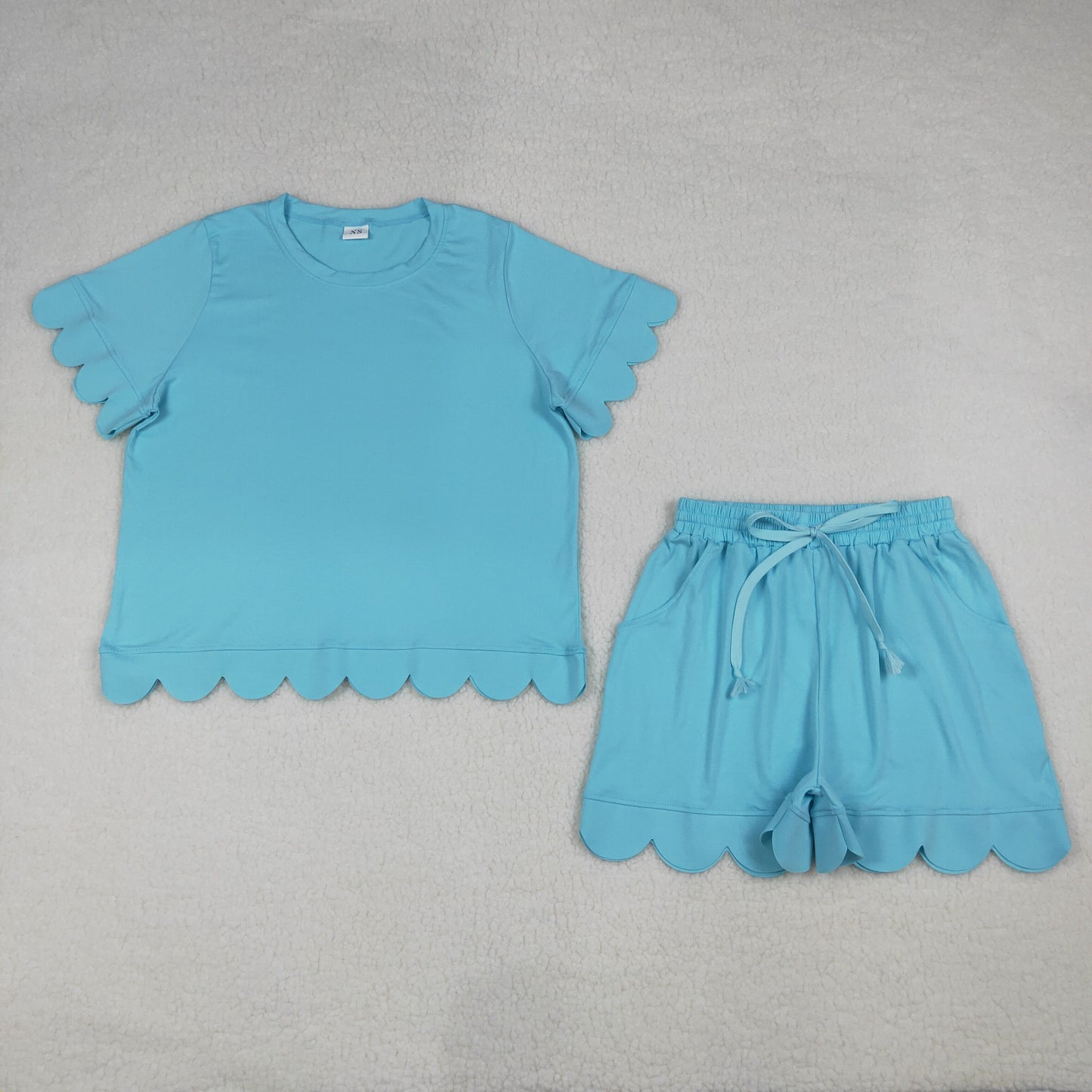 GSSO3208 Adult Female Solid Cotton Blue Green Ruffle Short Sleeve Shorts Sets 202604 RTS