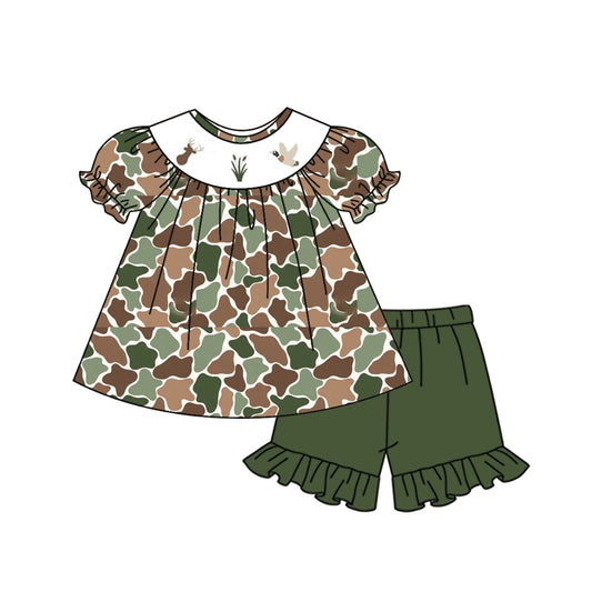 MOQ 5 PCS Preorder GSSO3211 Deer Duck Hunting Camouflage Short Sleeve Green Ruffle Shorts Girls Sets 202601