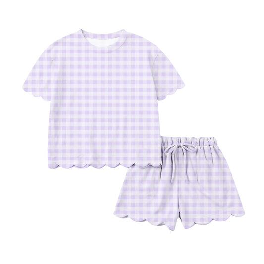 MOQ 5 PCS preorder GSSO3214 Adult Female Light Purple Plaid Ruffle Short Sleeve Shorts Sets 202601