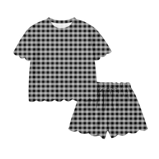 MOQ 5 PCS preorder GSSO3215 Adult Female Gray Black Plaid Ruffle Short Sleeve Shorts Sets 202601