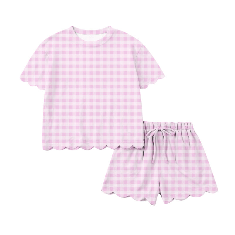 MOQ 5 PCS preorder GSSO3216 Adult Female Light Pink Plaid Ruffle Short Sleeve Shorts Sets 202601