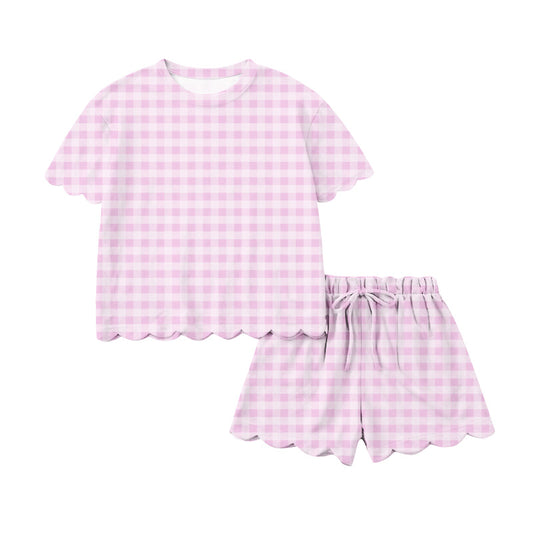 MOQ 5 PCS preorder GSSO3216 Adult Female Light Pink Plaid Ruffle Short Sleeve Shorts Sets 202601
