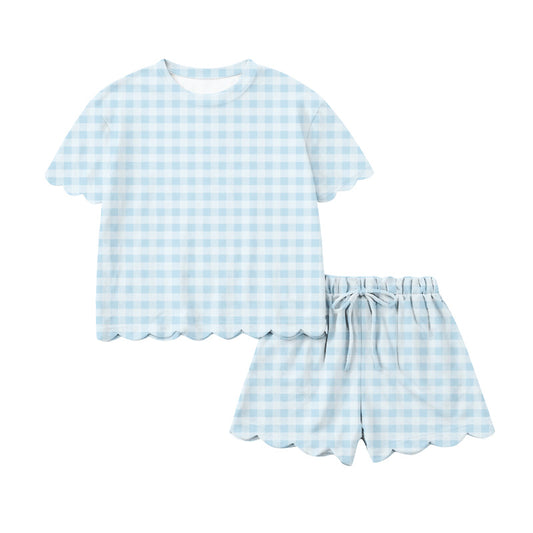 MOQ 5 PCS preorder GSSO3217 Adult Female Light Blue Plaid Ruffle Short Sleeve Shorts Sets 202601
