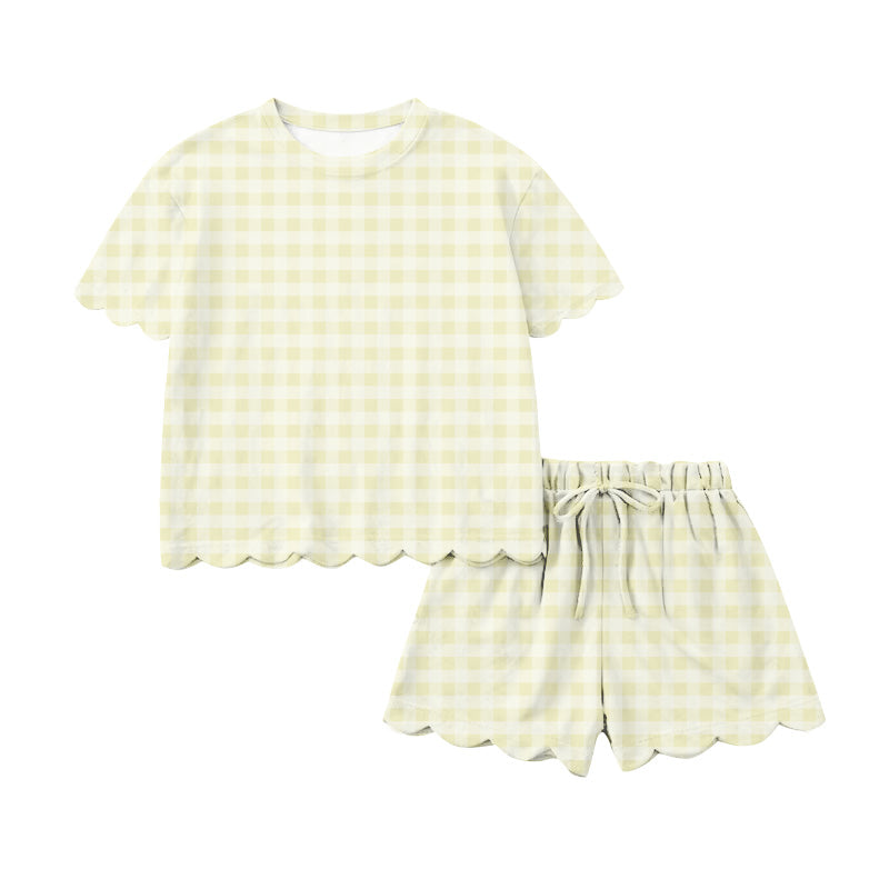 MOQ 5 PCS preorder GSSO3218 Adult Female Light Yellow Plaid Ruffle Short Sleeve Shorts Sets 202601