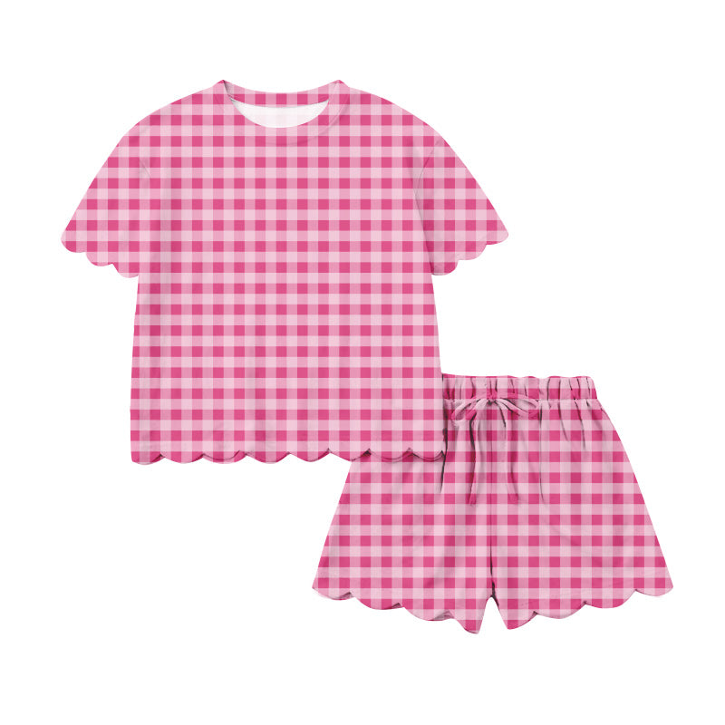MOQ 5 PCS preorder GSSO3219 Adult Female Rose Red Plaid Ruffle Short Sleeve Shorts Sets 202601