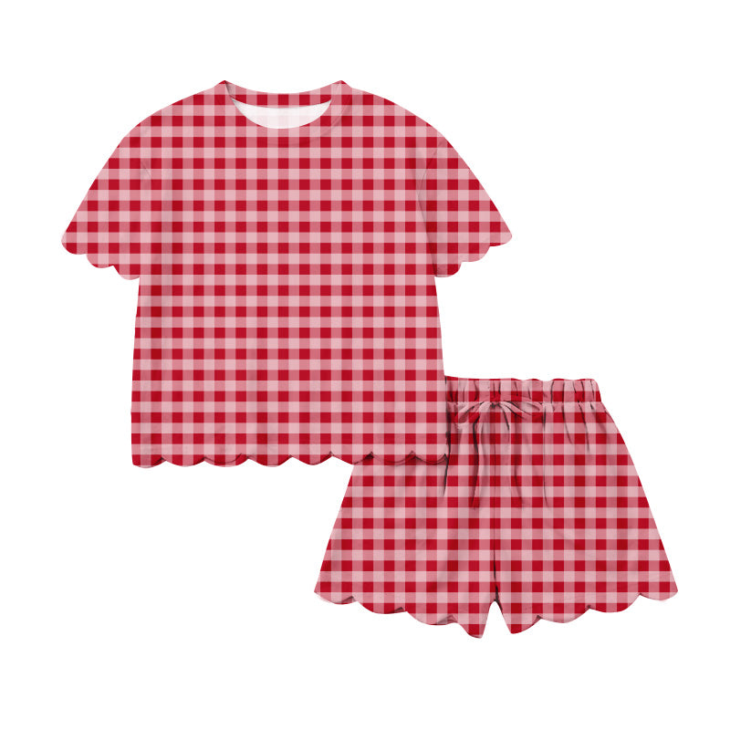 MOQ 5 PCS preorder GSSO3220 Adult Female Red Plaid Ruffle Short Sleeve Shorts Sets 202601