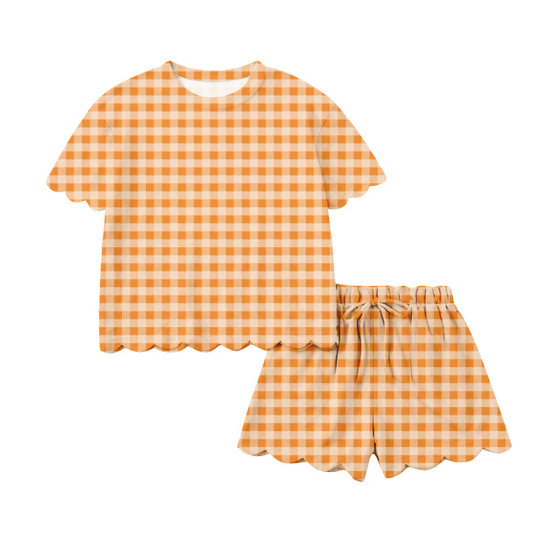 MOQ 5 PCS preorder GSSO3221 Adult Female Orange Plaid Ruffle Short Sleeve Shorts Sets 202601