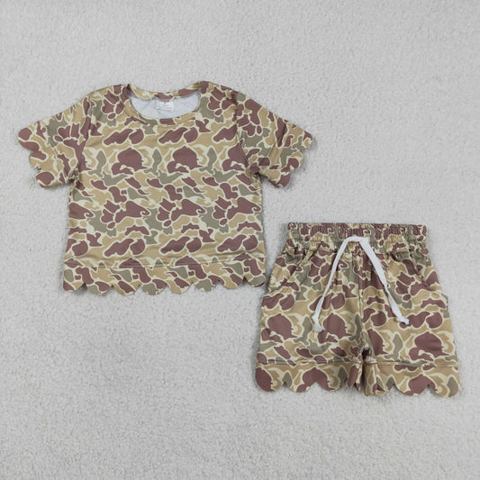 GSSO3224 Yellow Green Brown Camouflage Ruffle Short Sleeve Shorts Girls Sets 202603 RTS