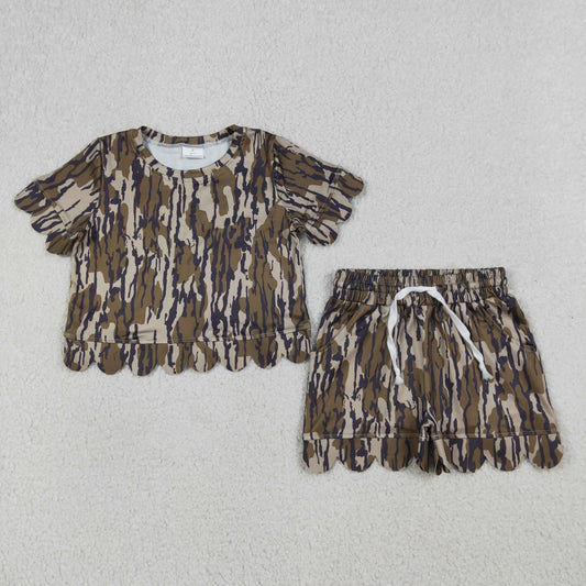 GSSO3225 Army Green Camouflage Ruffle Short Sleeve Shorts Girls Sets 202604 RTS