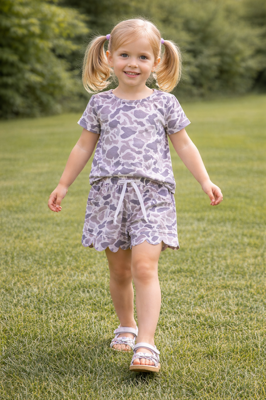 GSSO3226 Gray Blue Camouflage Ruffle Short Sleeve Shorts Girls Sets 202604 RTS