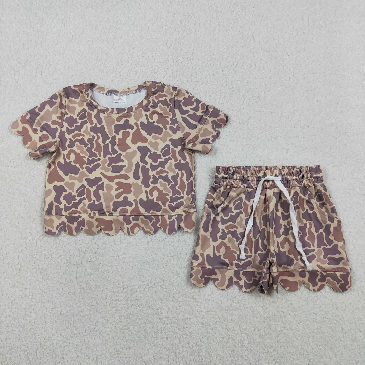GSSO3227 Brown Camouflage Ruffle Short Sleeve Shorts Girls Sets 202603 RTS