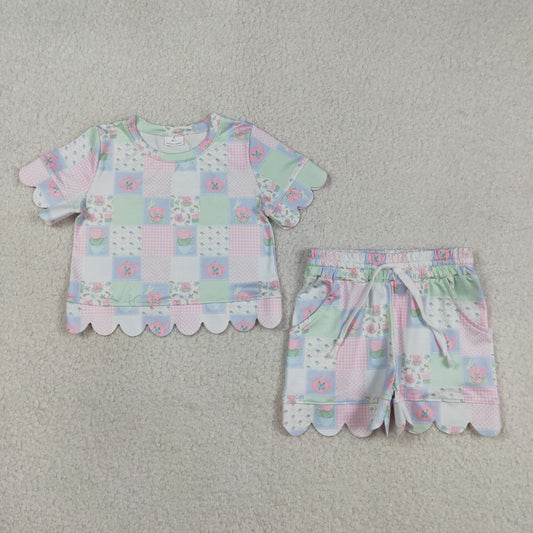 GSSO3229 Flower Plaid Patchwork Short Sleeve Shorts Girls Sets 202603 RTS