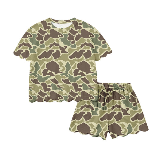 MOQ 5 PCS preorder GSSO3230 Adult Female Army Green Brown Camouflage Ruffle Short Sleeve Shorts Sets 202601