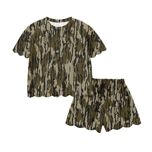 MOQ 5 PCS preorder GSSO3231 Adult Female Army Green Leaf Camouflage Ruffle Short Sleeve Shorts Sets 202601