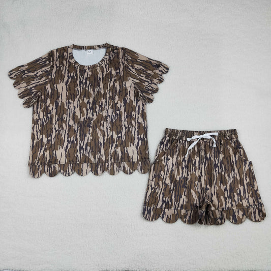 GSSO3231 Adult Female Army Green Leaf Camouflage Ruffle Short Sleeve Shorts Sets 202604 RTS