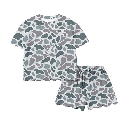 MOQ 5 PCS preorder GSSO3232 Adult Female Gray Blue Camouflage Ruffle Short Sleeve Shorts Sets 202601