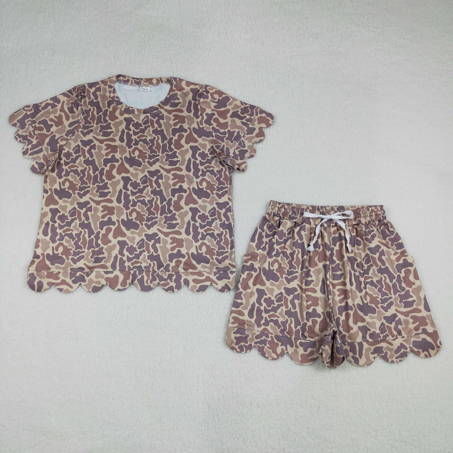 GSSO3233 Adult Female Brown Camouflage Ruffle Short Sleeve Shorts Sets 202604 RTS