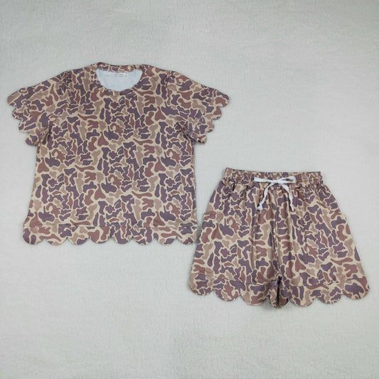 GSSO3233 Adult Female Brown Camouflage Ruffle Short Sleeve Shorts Sets 202604 RTS