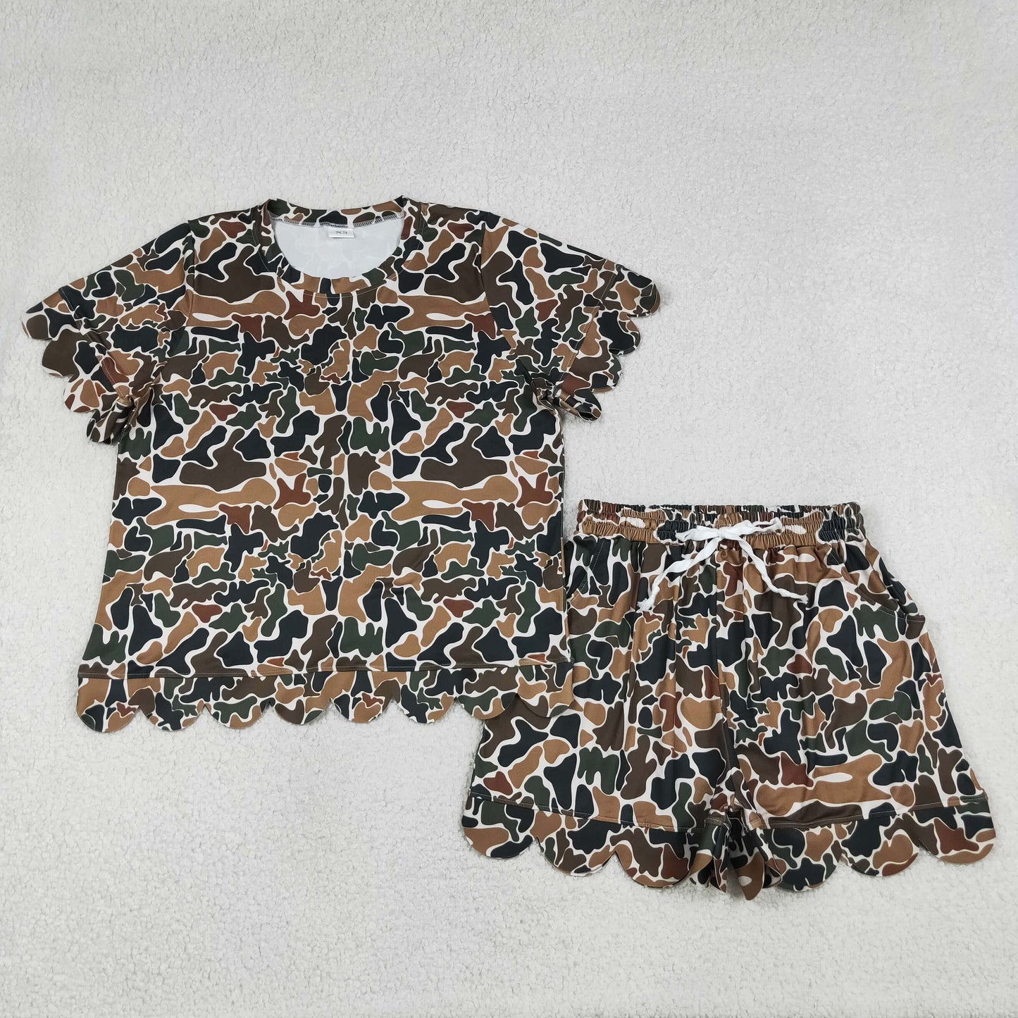 GSSO3234 Adult Female Brown Green Camouflage Ruffle Short Sleeve Shorts Sets 202605 RTS