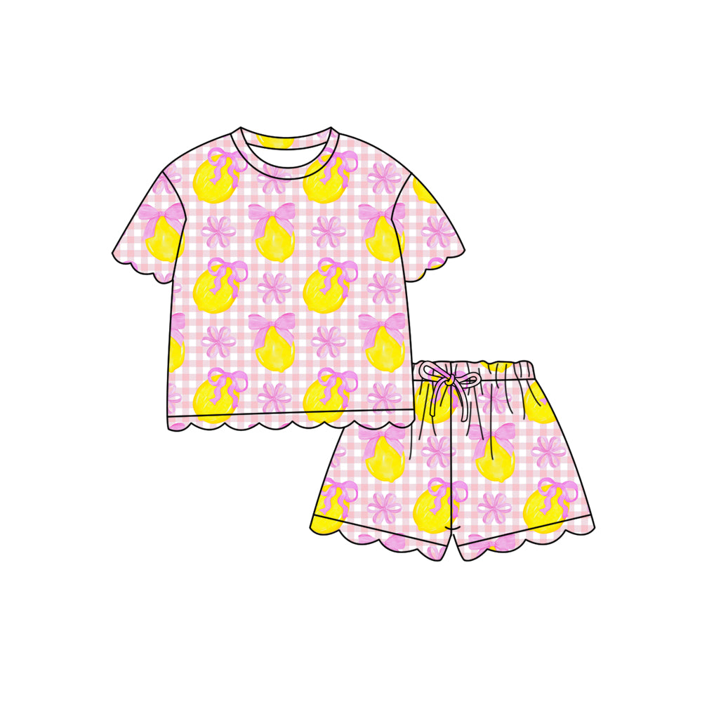 MOQ 5 PCS Preorder GSSO3235 Lemon Pink Bows Plaid Ruffle Short Sleeve Shorts Girls Sets 202601