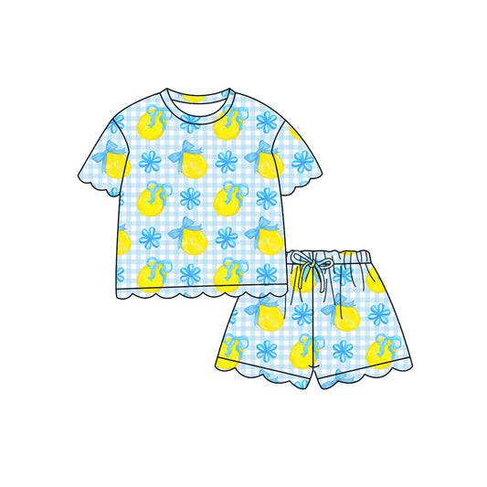 MOQ 5 PCS Preorder GSSO3236 Lemon Blue Bows Plaid Ruffle Short Sleeve Shorts Girls Sets 202601