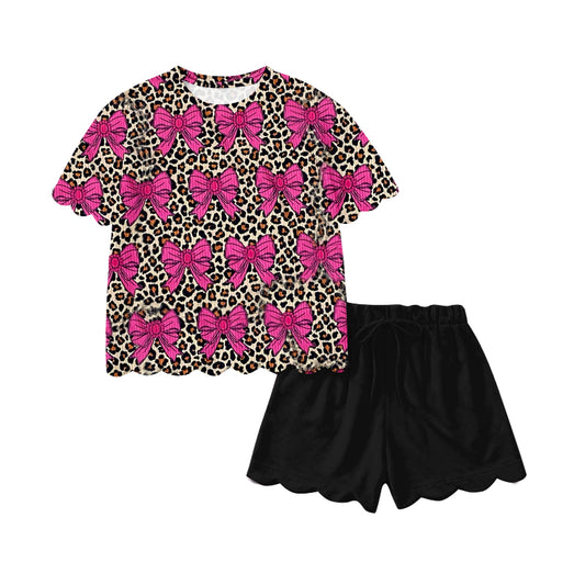 MOQ 5 PCS Preorder GSSO3237 Rose Red Bows Brown Leopard Ruffle Short Sleeve Shorts Girls Sets 202601