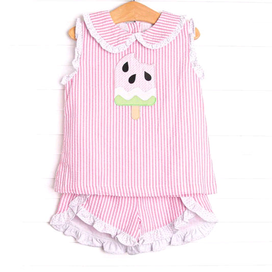 MOQ 5 PCS Preorder GSSO3238 Watermelon Ice Cream Pink Doll Collar Ruffle Sleeveless Shorts Girls Sets 202601
