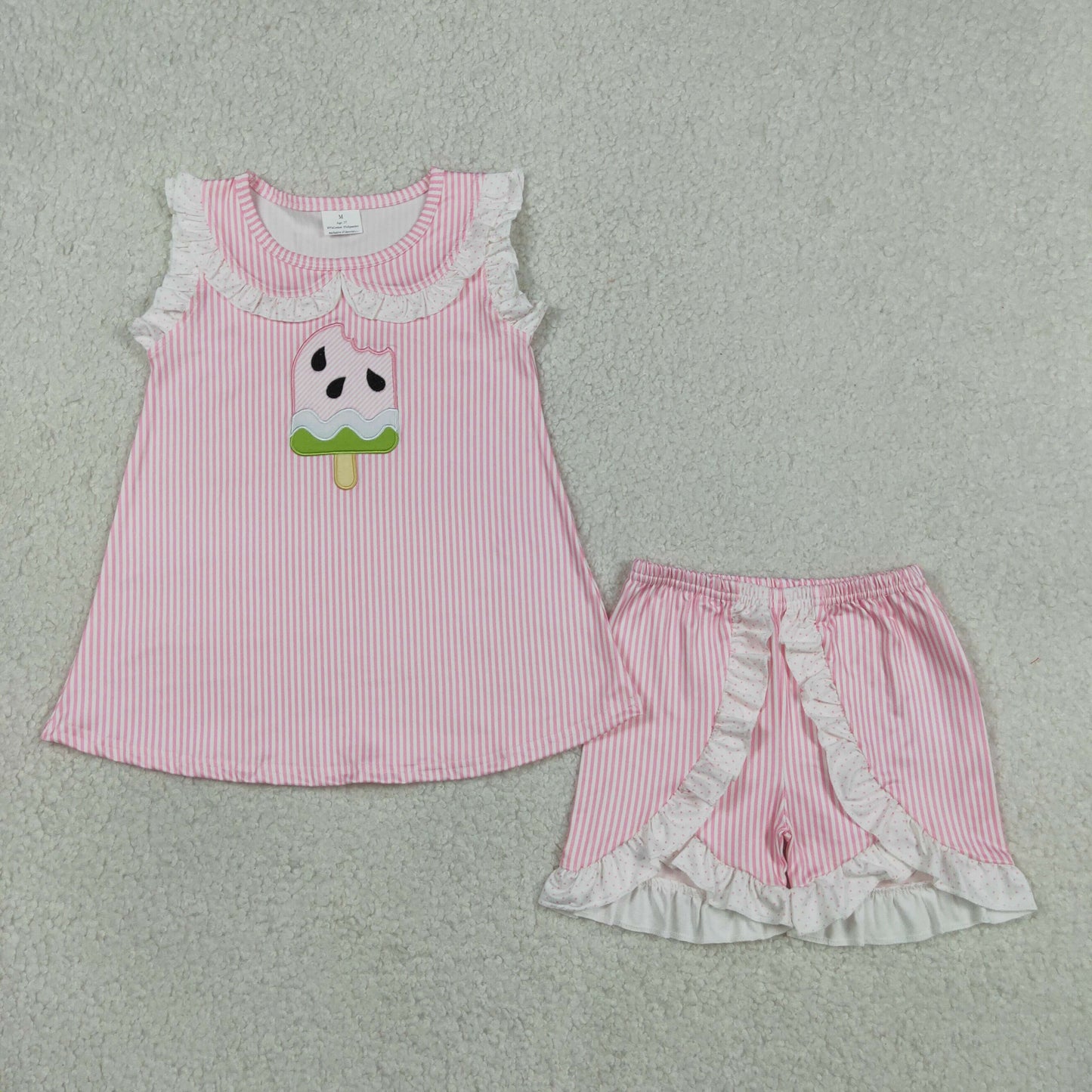 GSSO3238 Embroidered Watermelon Ice Cream Pink Doll Collar Ruffle Sleeveless Shorts Girls Sets 202605 RTS