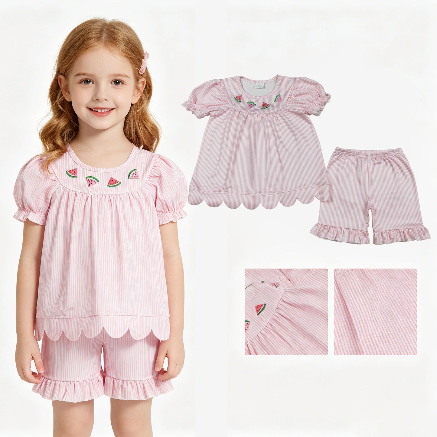 GSSO3239 Embroidered Watermelon Pink Short Sleeve Shorts Girls Sets 202605 RTS