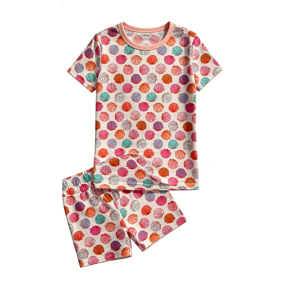 MOQ 5 PCS Preorder GSSO3240  Colorful Seashell Short Sleeve Shorts Girls Sets 202601