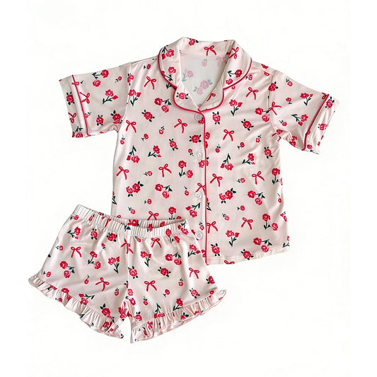 MOQ 5 PCS Preorder GSSO3241 Flower Bows Pink Polo Short Sleeve Shorts Girls Pajama Sets 202601