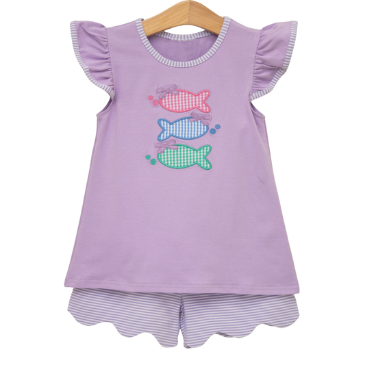 MOQ 5 PCS Preorder GSSO3242 Fishing Pattern Purple Flying Sleeve Stripe Shorts Girls Sets 202601