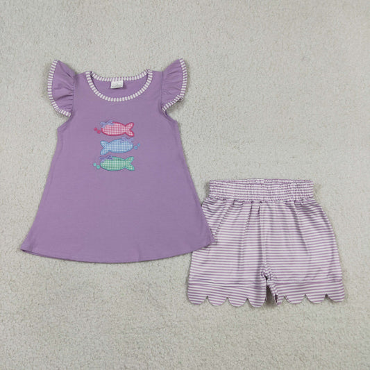 GSSO3242 Embroidered Fishing Pattern Purple Flying Sleeve Stripe Shorts Girls Sets 202605 RTS