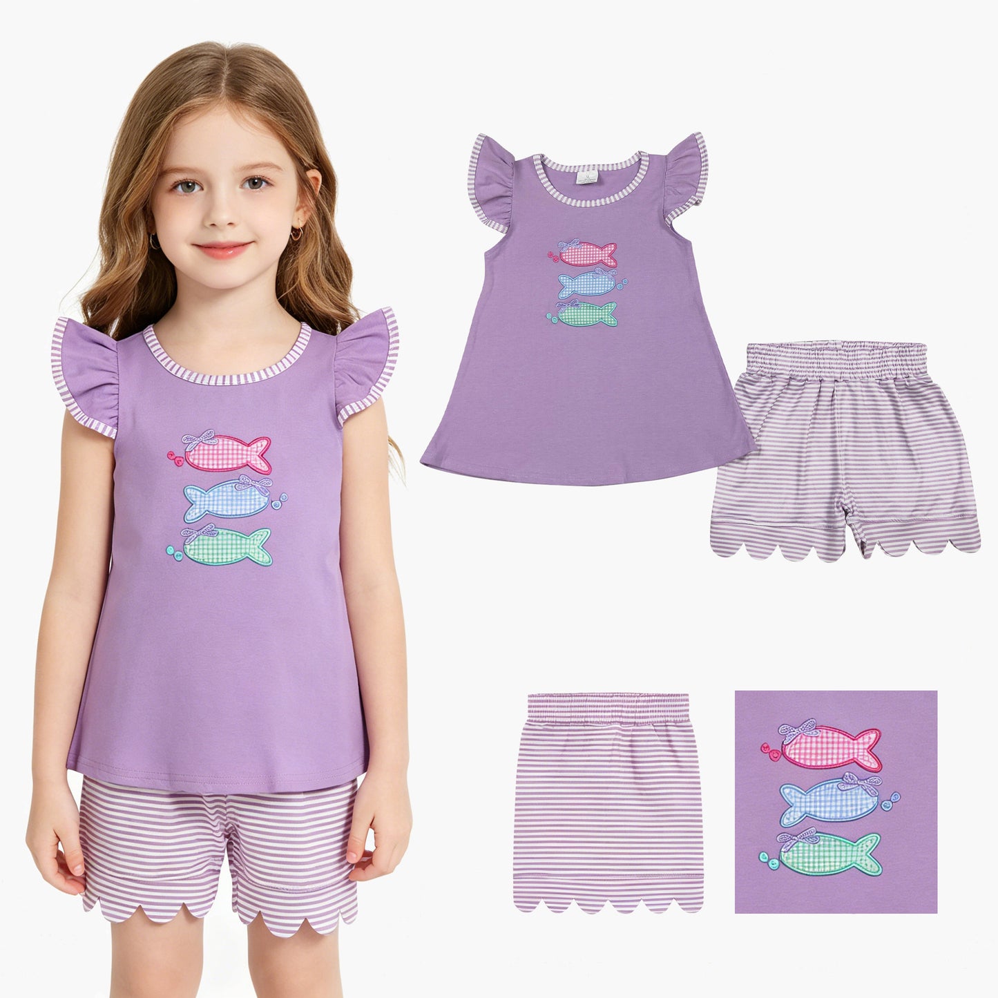 GSSO3242 Embroidered Fishing Pattern Purple Flying Sleeve Stripe Shorts Girls Sets 202605 RTS