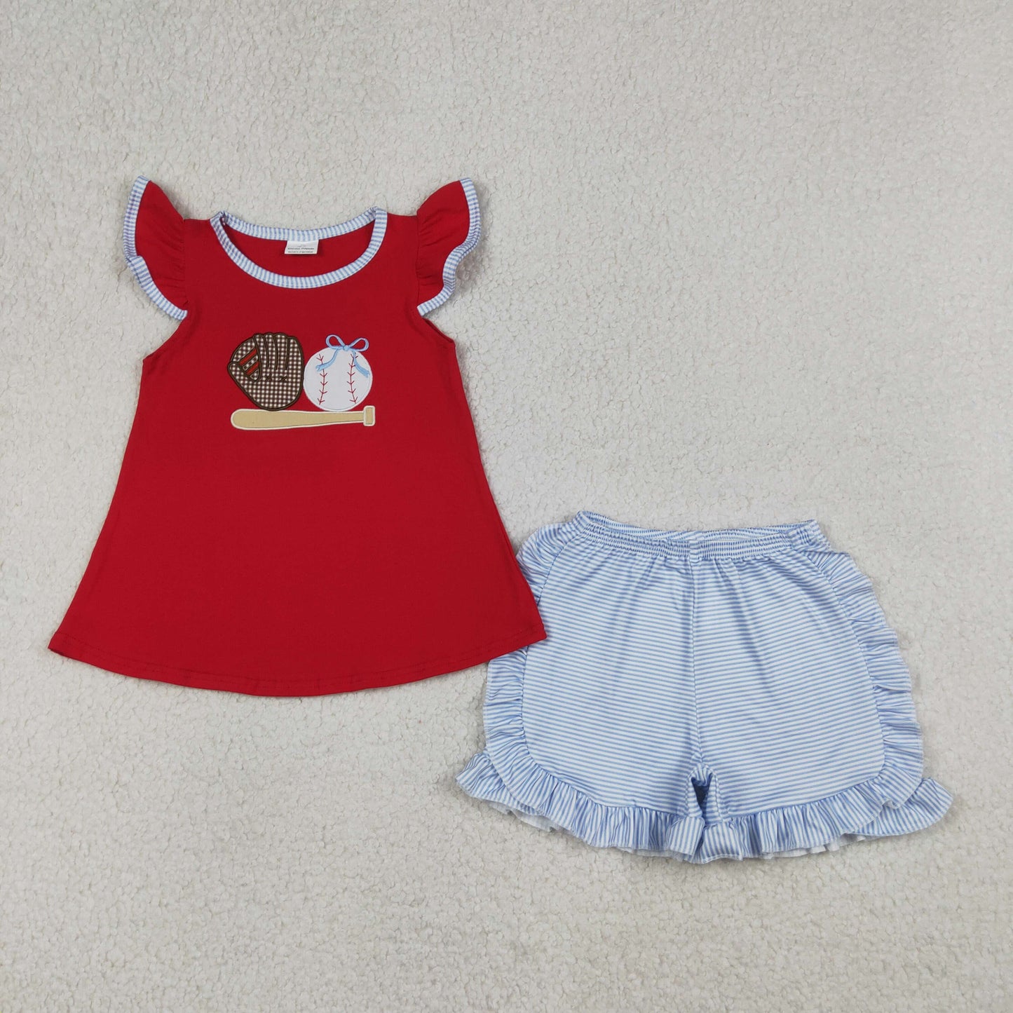 GSSO3246 Embroidered Baseball Gloves Red Fly Sleeve Top Blue Stripe Ruffle Shorts Girls Sets 202604 RTS