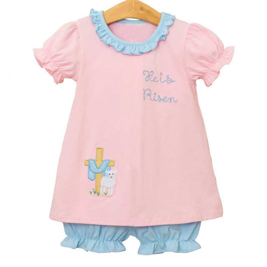 MOQ 5 PCS Preorder GSSO3247 Easter He is risen. Cross Lamb Blue Ruffle Pink Short Sleeve Shorts Girls Sets 202601