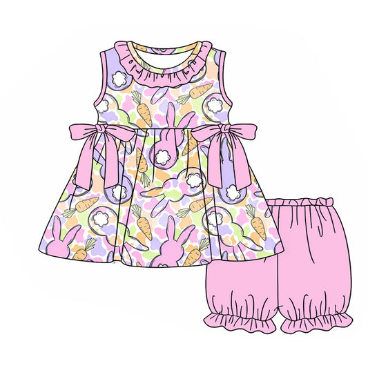 MOQ 5 PCS Preorder GSSO3248 Easter Bunny Pink Purple Bows Ruffle Sleeveless Shorts Girls Sets 202601