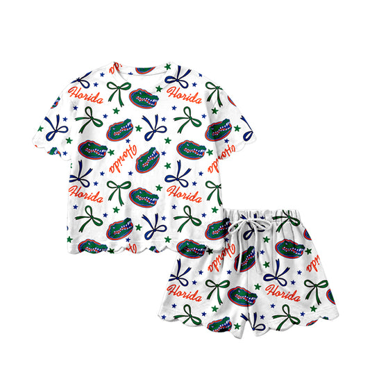 MOQ 5 PCS Preorder GSSO3249 Go Team Florida Crocodile Star Blue Green Bow White Ruffle Short Sleeve Shorts Girls Sets 202601