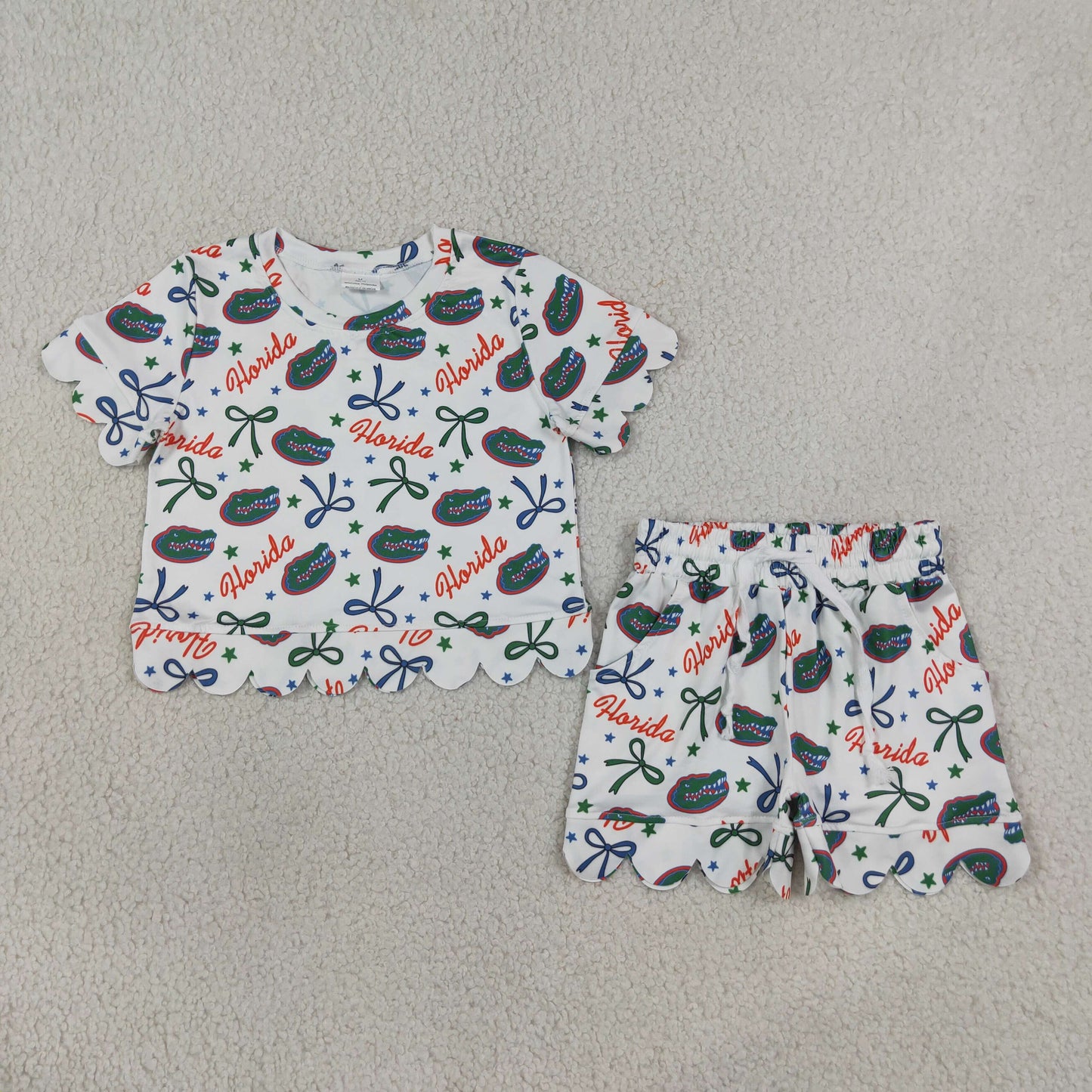GSSO3249 Go Team Florida Crocodile Star Blue Green Bow White Ruffle Short Sleeve Shorts Girls Sets 202607 RTS