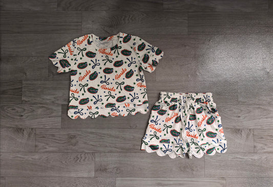 NO MOQ Preorder GSSO3249 Go Team Florida Crocodile Star Blue Green Bow White Ruffle Short Sleeve Shorts Girls Sets 202606