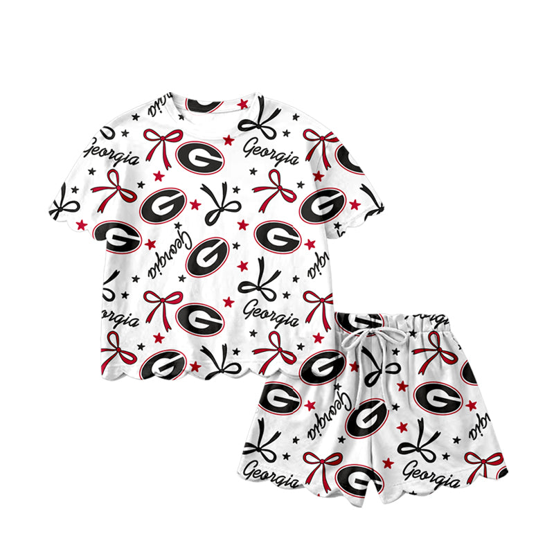 MOQ 5 PCS Preorder GSSO3250 Go Team Georgia G letter Star Red Black Bow White Ruffle Short Sleeve Shorts Girls Sets 202601