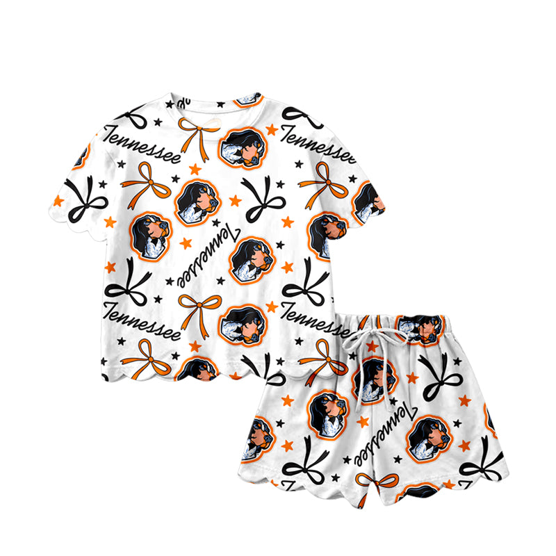 MOQ 5 PCS Preorder GSSO3251 Go Team Tennessee Puppy Star Orange Black Bow White Ruffle Short Sleeve Shorts Girls Sets 202601