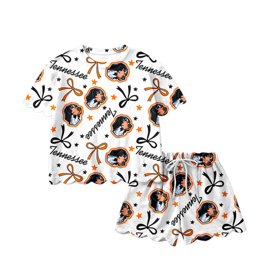 MOQ 5 PCS Preorder GSSO3251 Go Team Tennessee Puppy Star Orange Black Bow White Ruffle Short Sleeve Shorts Girls Sets 202601