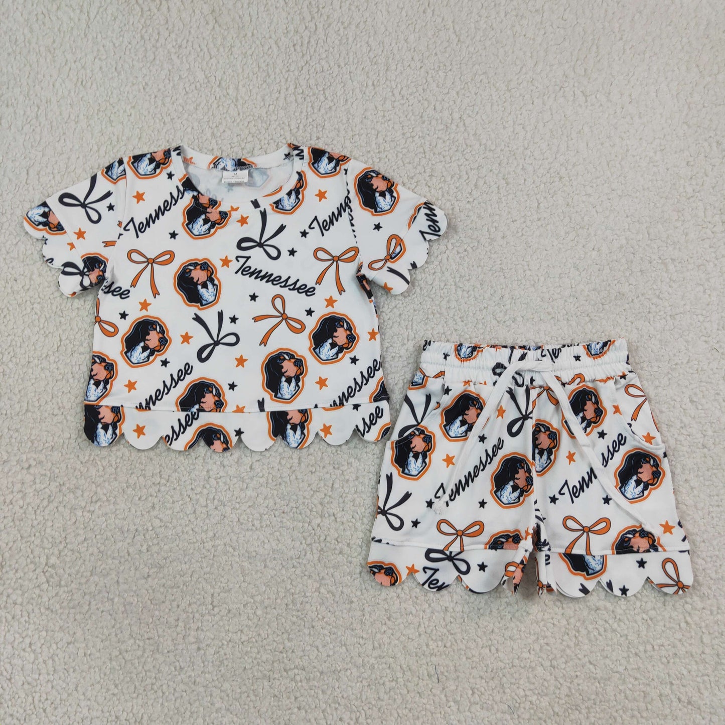 GSSO3251 Go Team Tennessee Puppy Star Orange Black Bow White Ruffle Short Sleeve Shorts Girls Sets 202608 RTS