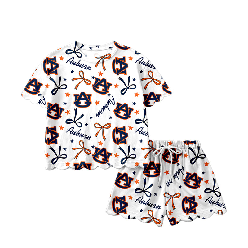 MOQ 5 PCS Preorder GSSO3252 Go Team Auburn AU Letter Star Blue Orange Bow White Ruffle Short Sleeve Shorts Girls Sets 202601