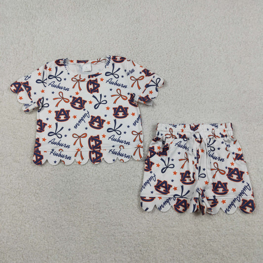GSSO3252 Go Team Auburn AU Letter Star Blue Orange Bow White Ruffle Short Sleeve Shorts Girls Sets 202603 RTS